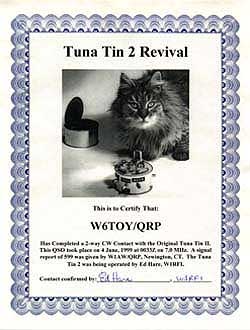 The Tuna Tin 2 certificate. [All photos by Rick Lindquist, N1RL]